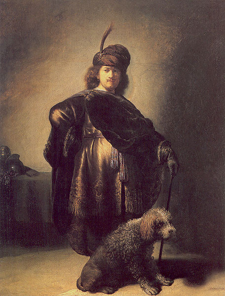 Self portrait in oriental attire with poodle